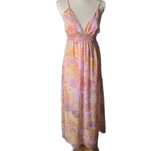 Liberty Love Wm’s Sz Lrg Pink Floral Adjustable Stretch Side Cut Outs Maxi Dress